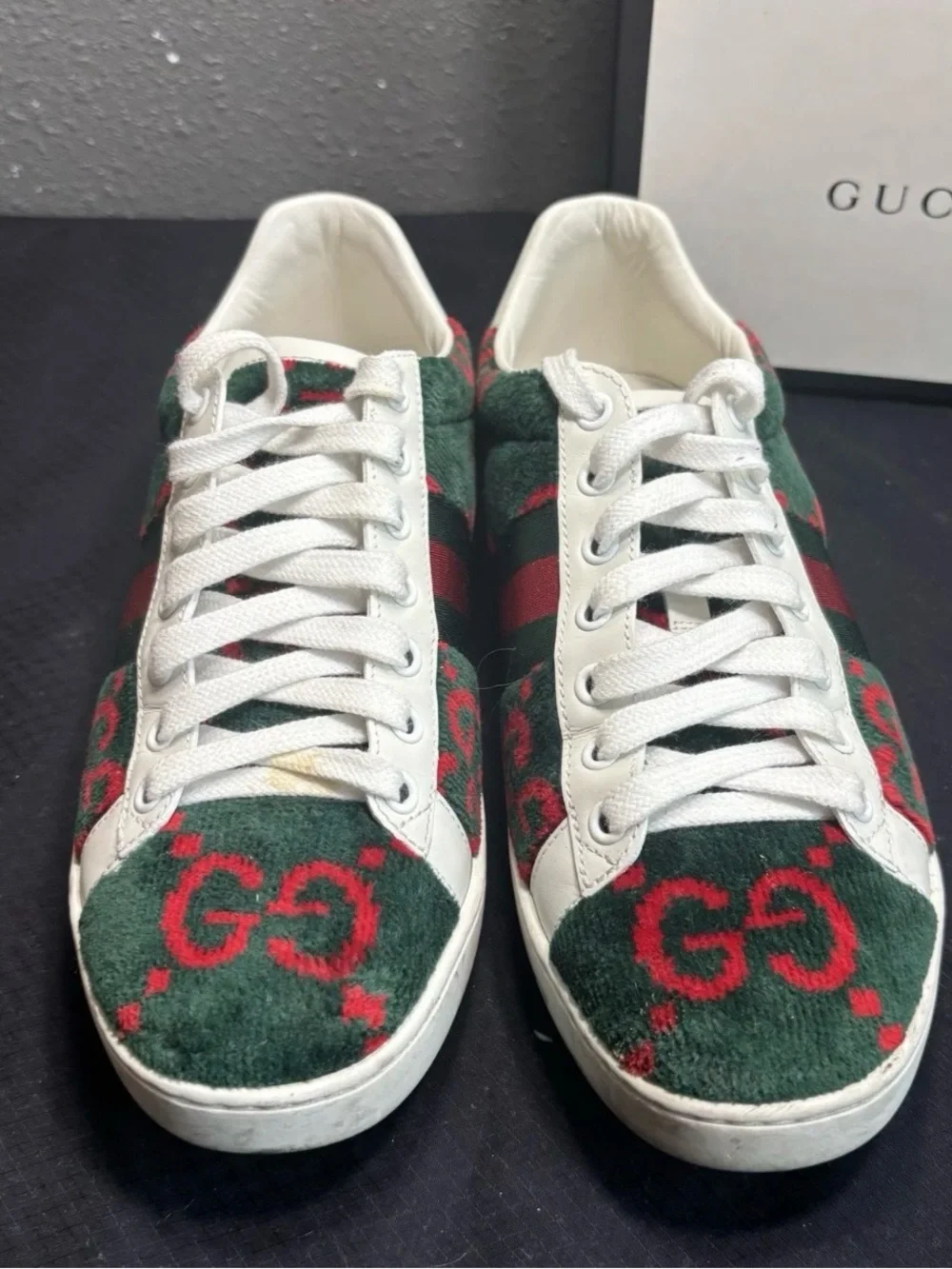 Size 7.5B- Gucci Ace GG Leather Velvet Logo Sneakers Lightly Worn/Retail $750!